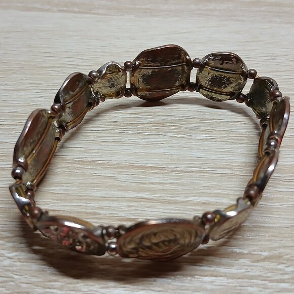 Vintage Bronze Tone Brown Flat Bead Stretch Bracelet Cuff #27 - Picture 11 of 13